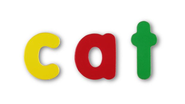 Cat coloured magnetic letters on white with clipping path to remove shadow
