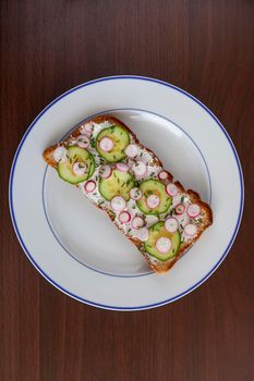 radish, cucumber and soft cheese summer toast on a plate