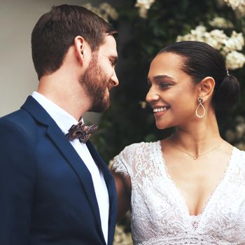 I want to spend forever with you. a happy newlywed young couple posing together on their wedding day