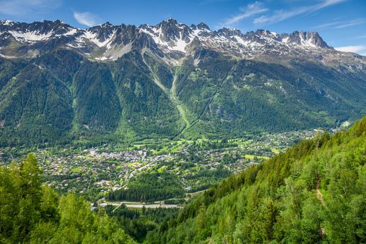Chamonix village and Mont Blanc Massif in Haute Savoie, French Alps, france