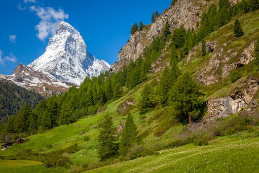 Idyllic swiss landscape with Matterhorn and Zermatt meadows, Valais, Switzerland