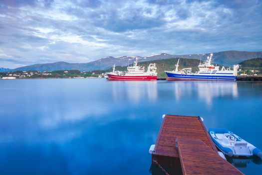 Alesund Sea port harbor with ships at peaceful dawn, Norway, Scandinavia