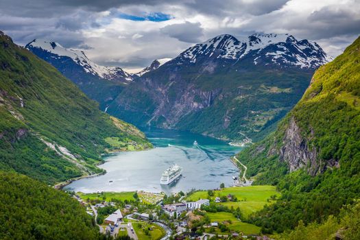 Geiranger fjord, ship and village in More og Romsdal, Norway, Northern Europe