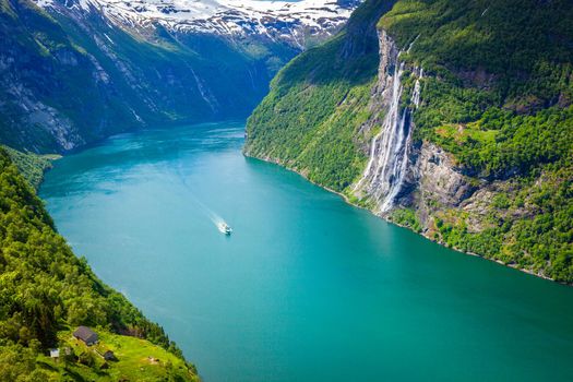 Geiranger fjord and Seven Sisters Waterfalls in More og Romsdal, Norway, Northern Europe