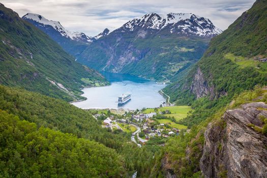 Geiranger fjord, ship and village in More og Romsdal, Norway, Northern Europe