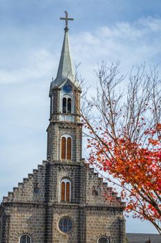 Gramado stone church at golden autumn, Gramado, Rio Grande do Sul, Southern Brazil