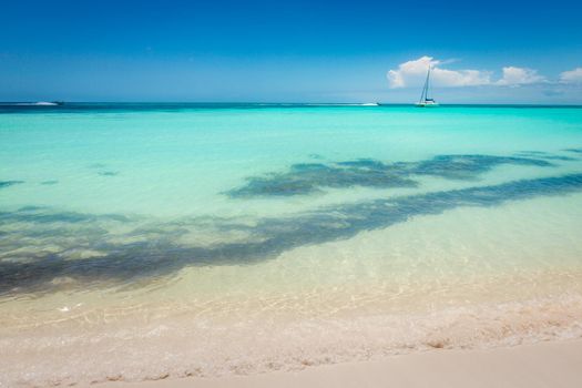 Tropical paradise: idyllic caribbean beach with sailboat, Punta Cana, Dominican Republic