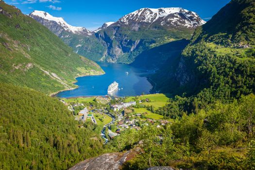 Geiranger fjord, ship and village in More og Romsdal, Norway, Northern Europe
