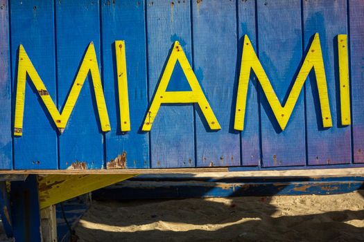Miami Beach sign on wood lifeguard, South Beach, Florida, Miami