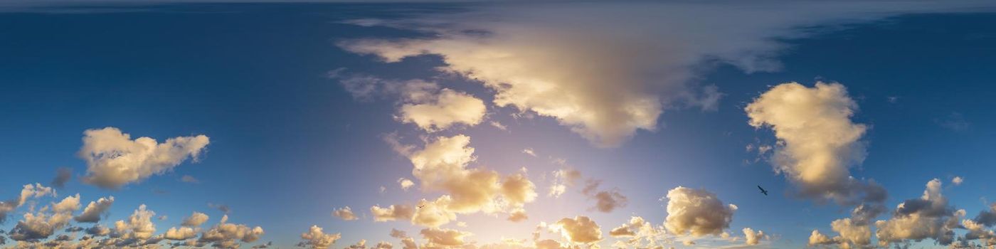 Sky panorama with Cirrus clouds in Seamless spherical equirectangular format. Full zenith for use in 3D graphics, game and editing aerial drone 360 degree panoramas for sky replacement