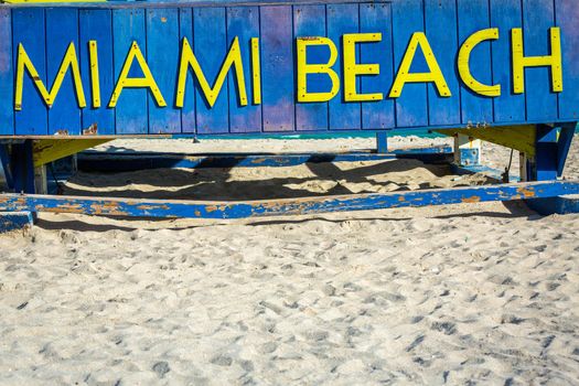 Miami Beach sign on wood lifeguard, South Beach, Florida, Miami