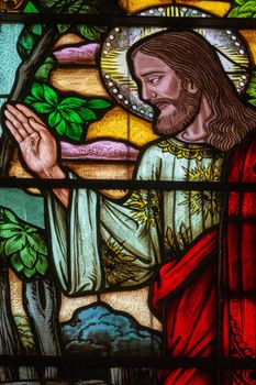 Jesus Christ blessing stained glass inside St Peter Church in Gramado, Southern Brazil