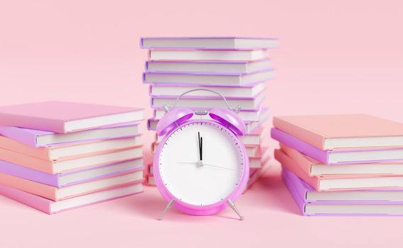3D rendering of purple alarm clock placed on pink table near stacks of books with hardcovers in studio