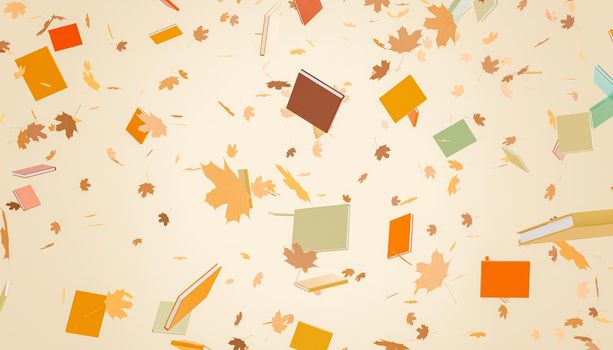 3D rendering of pile of books with colorful hardcovers and dry maple leaves levitating against beige background