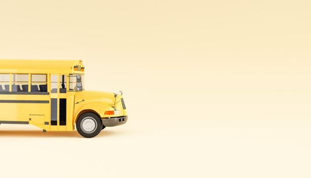 3D rendering of realistic empty retro yellow school bus parked against beige background