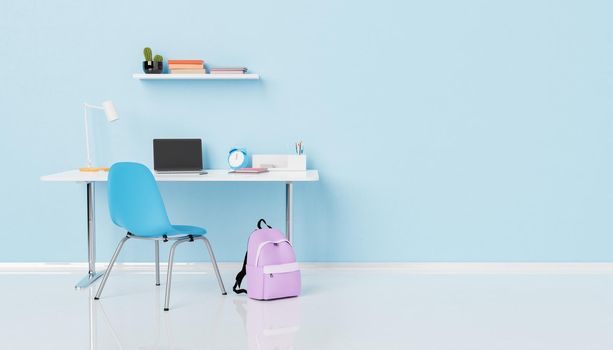 3D rendering of backpack placed near chair and table with opened laptop alarm clock lamp and stationery against blue wall