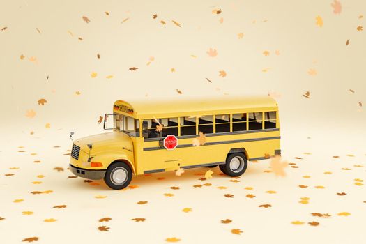 3D rendering of yellow school bus with stop sign parked under falling autumn leaves against beige background