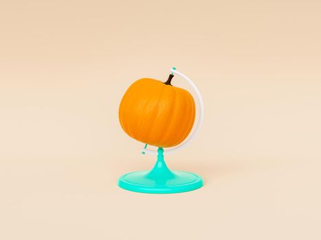 Creative 3D rendering of orange pumpkin shaped desk globe against beige background in studio