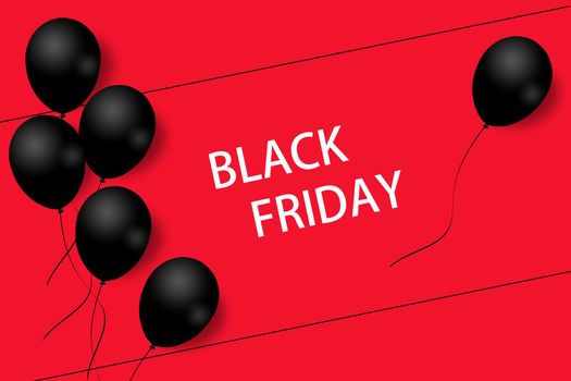 Black Friday Sale Poster with black balloons on red background with square frame. Illustration. Pattern