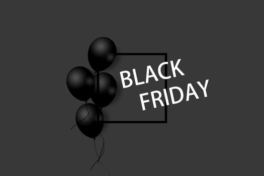 Black Friday Sale Poster with black balloons on gray background with square frame. Illustration. Pattern