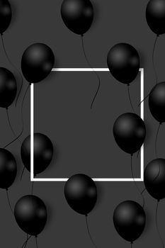 Beautiful black balloons randomly flying over white frame. Party elegant background with space for text. White frame, balloons. Illustration. Pattern