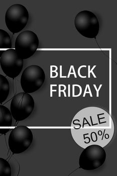Black Friday Sale Poster with black balloons on gray background with square frame. Illustration. Pattern