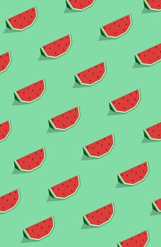 pattern of watermelon slices with seeds on the green background. Simple mosaic illustration.