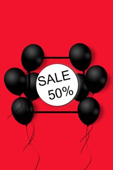 Black Friday Sale Poster with black balloons on red background with square frame. Illustration. Pattern