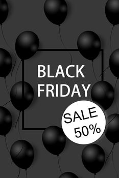 Black Friday Sale Poster with black balloons on gray background with square frame. Illustration. Pattern