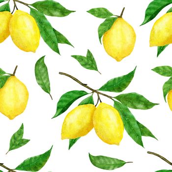 Watercolor hand drawn seamless pattern with lemon citrus fruit. Summer bright organic sweet tasty food botanic print. Harvest tree ornament textile