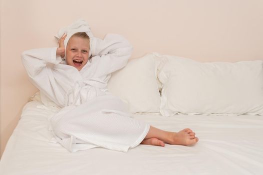 Head bathrobe Creek smile copyspace bed girl white hygiene people, for lifestyle hotel from beautiful and person spa, towel care. Face kid fashion,