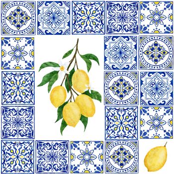 Watercolor hand drawn seamless pattern with lemon citrus fruit blue portuguese azulejo tiles. Summer bright organic sweet tasty food botanic print. Harvest tree ornament textile