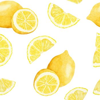 Watercolor hand drawn seamless pattern with lemon citrus fruit. Summer bright organic sweet tasty food botanic print. Harvest tree ornament textile