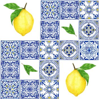 Watercolor hand drawn seamless pattern with lemon citrus fruit blue portuguese azulejo tiles. Summer bright organic sweet tasty food botanic print. Harvest tree ornament textile