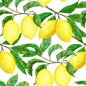 Watercolor hand drawn seamless pattern with lemon citrus fruit. Summer bright organic sweet tasty food botanic print. Harvest tree ornament textile