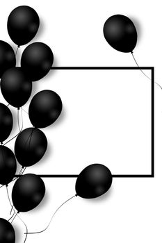 Beautiful black balloons randomly flying over black frame. Party elegant background with space for text. Black frame, balloons. Illustration. Pattern