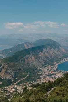 Beautiful nature mountains landscape. Kotor bay, Montenegro. Views of the Boka Bay, with the cities of Kotor and Tivat with the top of the mountain, Montenegro.