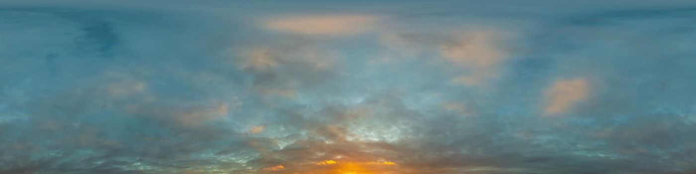 Dark blue twilight sky panorama with Cumulus clouds. Seamless hdr 360 panorama in spherical equiangular format. Full zenith or sky dome for 3D visualization, sky replacement for aerial drone panoramas