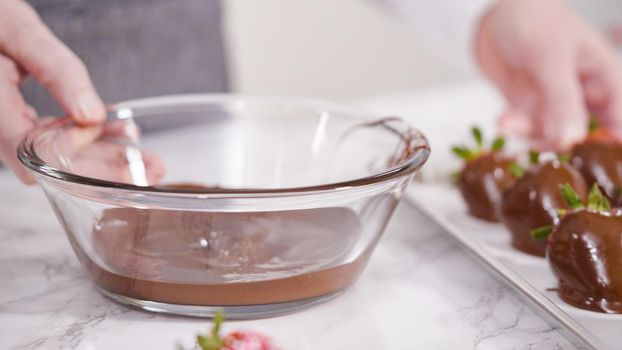 Step by step. Dipping organic strawberries into melted chocolate.