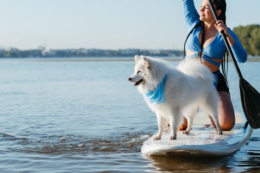 Japanese Spitz Dog Standing on Sup Board, Woman Paddleboarding with Her Pet on City Lake