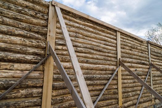 traditional wooden house peeled log wall during cobntruction process with diagonal props, bulding in progress