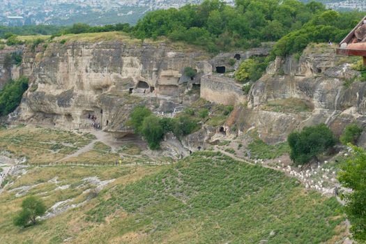 Ancient city road cave bakhchisaray chufut crimea medieval street old, concept history building from historic and rock tree, mountain karaite. Town ruins stony,