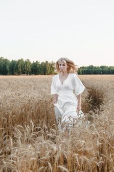 A blonde woman in a long white dress walks in a wheat field. The concept of a wedding and walking in nature.
