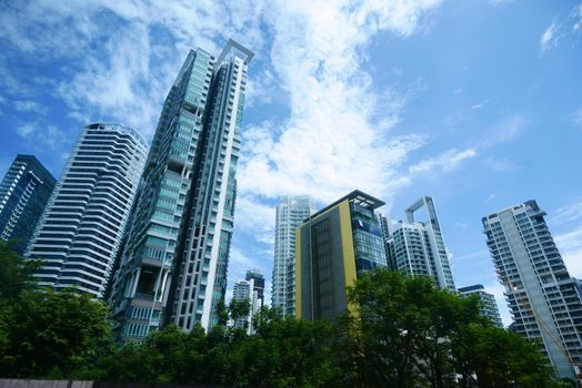 low angle view of singapore modern city buildings