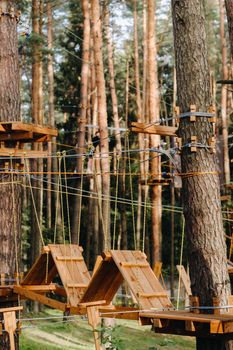 Elements of a rope town in the park. An empty rope town in the forest.