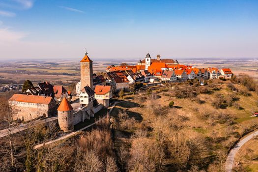 Drone picture of the scenic buildings in the historic old town of Waldenburg in Hohenlohe