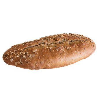 Loaf of whole wheat bread with seeds isolated on a white background