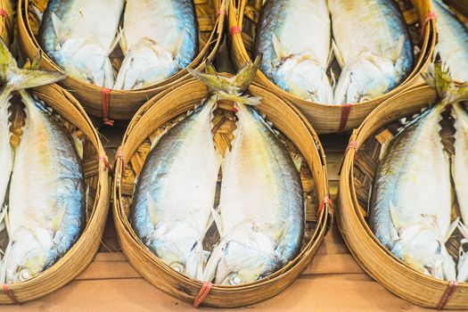 Mackerel Fishes in the Basket market business fishing industry for food.