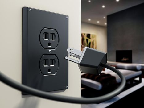 USA type AC power plug and socket on the wall. 3D illustration.