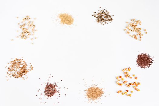 Flat lay microgreen seeds on white background.